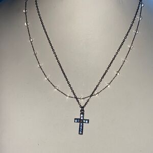 Double Strand Crystal Cross Necklace